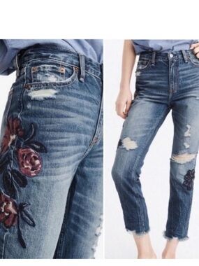 Abercrombie & Fitch Dark Wash Blue Jeans with Embroidered Rose Detail